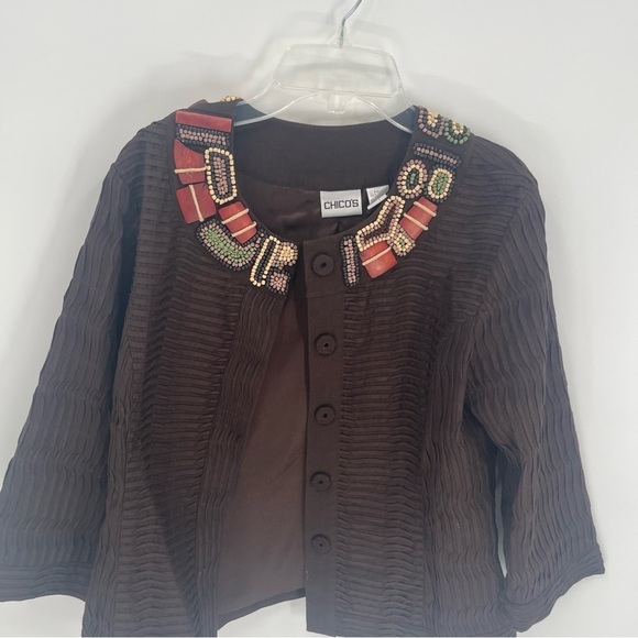Chicos Jacket Women Size 0 (S) Brown Coat Art To Wear Beaded Collar Lined - Picture 5 of 10